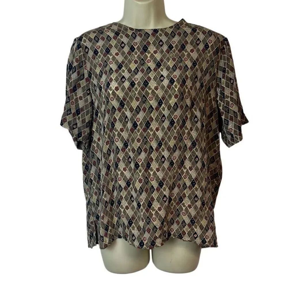 Stunt Vintage 100% Silk Floral Patterned Short Sleeve Blouse Size M